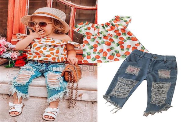 2 pezzi neonate bambino ananas vestiti bambini spalle scoperte top strappati pantaloncini di jeans abiti set A8238480322