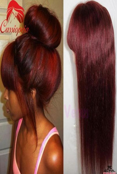 Vermelho 99j sedoso em linha reta perucas completas do laço com franja sem cola malaio virgem cabelo humano perucas dianteiras do laço em linha reta para preto wome5316707