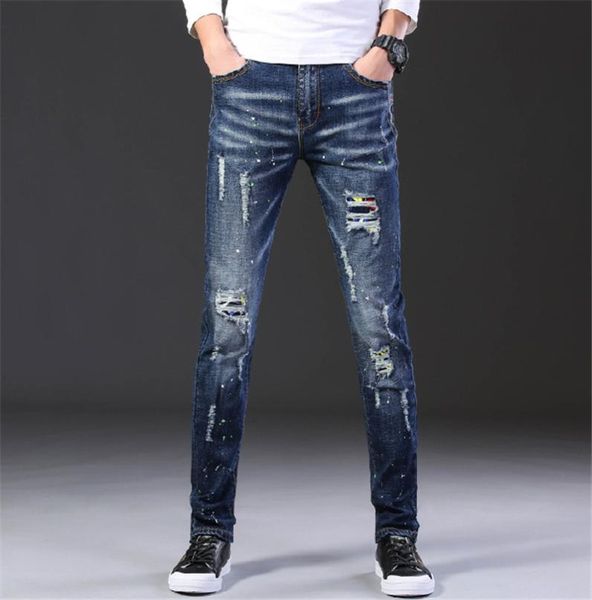 2020 Fashion Casual Jeans Herren Straight Stretch Dot Craft Little Feet Skinny Jens Men Scratched Blue Hole Denim Tide PantsES6868332473