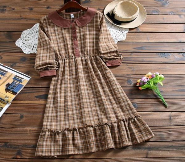 Mori Mädchen süßes Kawaii Mode kariertes Kleid Herbst Stil Peter Pan Kragen Langarm Freizeitkleid für Lady2264759