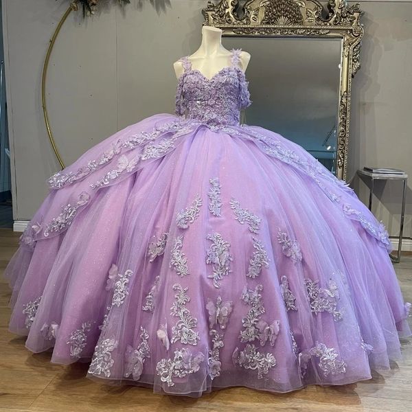 Lavendel Sexy weg von der Schulter Ballkleid Quinceanera Kleider Applikation Spitze Kristall Perlen Schleife Tull Bänder Korsett Vestido De 15