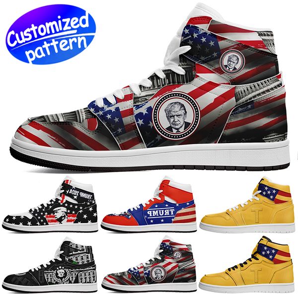 Scarpe sportive personalizzate Trump sneaker scarpe da basket scarpe briscola sciarpa modello personalizzato uomo donna scarpe da corsa scarpe da esterno nero bianco oro blu taglia più grande 36-48