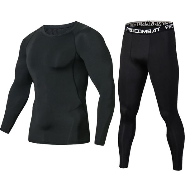 Neueste Pure Black Fitness Kompression Sets T Shirt Männer Lange ärmel MMA Crossfit Muscle Shirt Leggings Basis Schicht Engen Set3521538