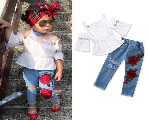 2018 Kızlar Strap Dantel Tshirt Topembroidered Jeans Yaz Avrupa Tarzı Çocuk Giysileri Moda 15 Yıl Giyim Kız Giysileri Setleri Y16495899