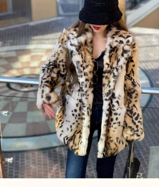 Pelliccia di lusso vero naturale genuino cappa di rabbite pelliccia giacca leopardo di moda da donna per l'inverno
