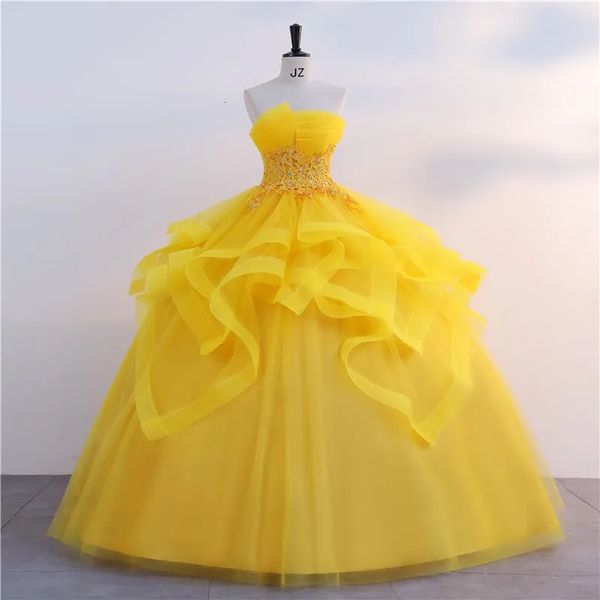 Золотое платье Quinceanera, классическое бальное платье без бретелек, настоящее платье для выпускного вечера Po, блестящее вечернее роскошное современное платье 240227