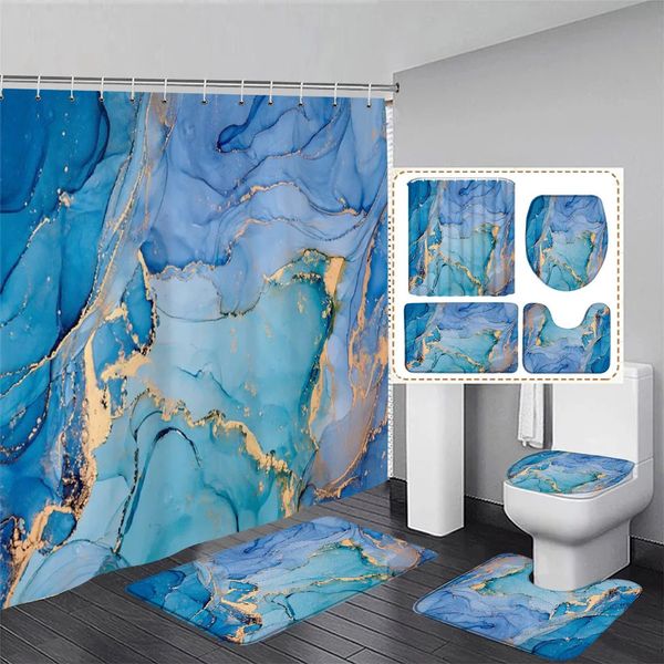 Abstrato azul mármore cortina de chuveiro conjunto linha ouro tinta textura arte moderna casa luxo decoração do banheiro tapetes tampa do banheiro 240226