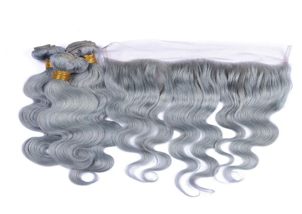 Capelli umani grigio argento capelli vergini brasiliani tesse 3 pacchi con pizzo frontale pieno onda del corpo colorato grigio capelli umani bundle Deal2269067