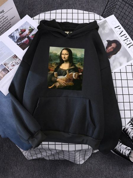 Sweatshirts Hoodie Mona Lisa ve Cat Hoodies Kadınlar için Harajuku Estetik Sonbahar Kadın Giyim