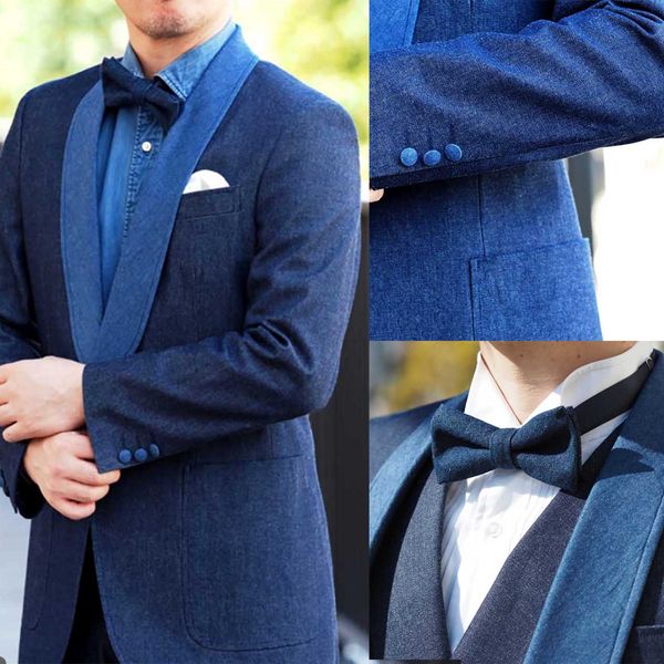 3 adet erkekler smokin mavi denim şal yaka özel boyutu flit boyutu resmi takım elbise tek göğüslü 2 cep kat+yelek+pantolon