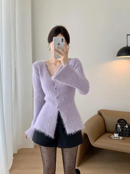 Cardigans violeta vison cashmere alargamento mangas compridas de malha cardigan camisola casaco feminino outono inverno 2023 bege popular feminino botão topos