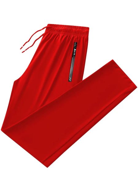 Pantaloni della tuta 2023 Pantaloni della tuta rossi da uomo nuovi Pantaloni sportivi in nylon traspirante Spandex Pantaloni sportivi taglie forti Tasche con zip Pantaloni lunghi dritti