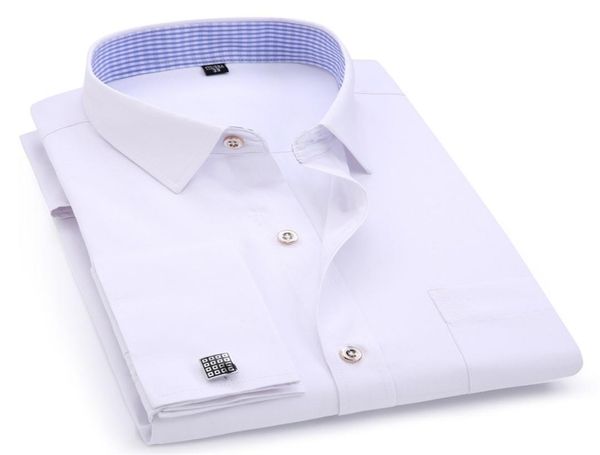 Camisas de vestido masculinas039s punho francês azul branco manga comprida camisa casual de negócios slim fit abotoaduras de cor sólida para 2203303526042