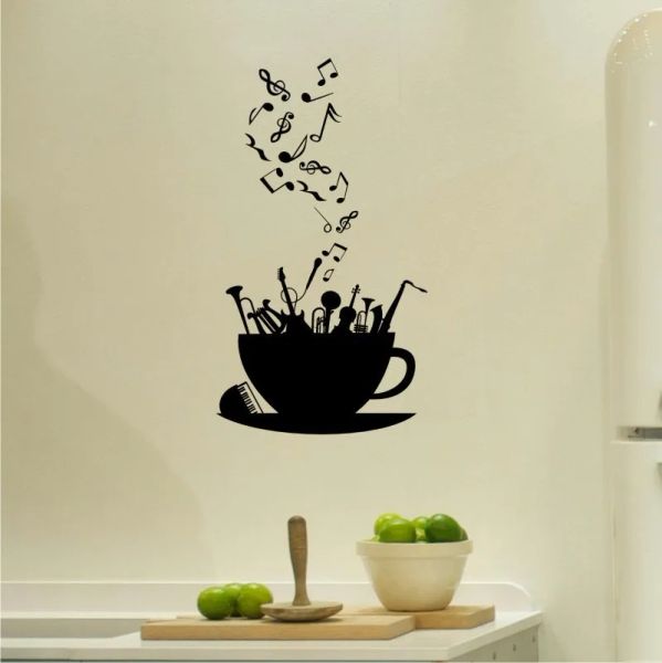 Strumenti Note musicali soffiate dalla tazza di caffè Decalcomanie da muro per la cucina Soggiorno Adesivi in vinile Finestra Poster Decalcomanie per la casa Decor S743