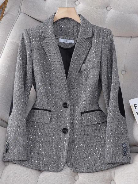 Blazer 2023 Herbst Retro Grey Splice Plaid Pailletten Blazers Mantel für Frauen Brown Elegant Business Vintage Ladies Anzug Jacke Mode Y2K