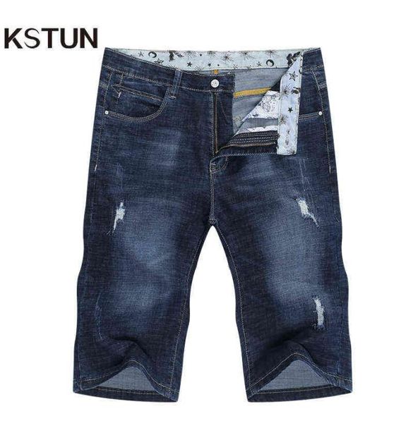 Calças de brim curtas dos homens marca rasgado biker jeans homens shorts calças jeans elástico azul escuro streewear desgastado fino ajuste pantalon homme jean g4584861