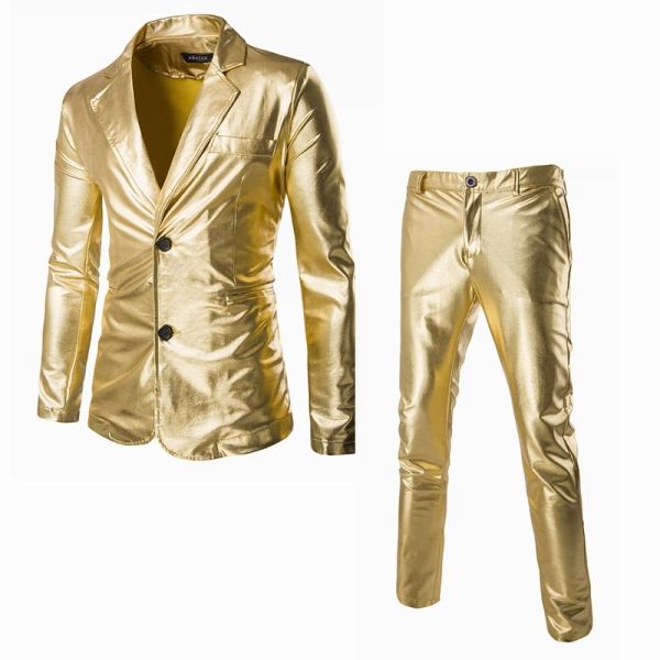 Ternos masculinos metálicos revestidos de ouro brilhante, blazer com calças, slim fit, clube noturno, 2 peças (jaqueta + calça), trajes de palco