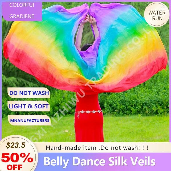 Abbigliamento da palco Veli di seta arcobaleno naturale puro per le donne Costumi di danza del ventre Performance Accessori per ragazza