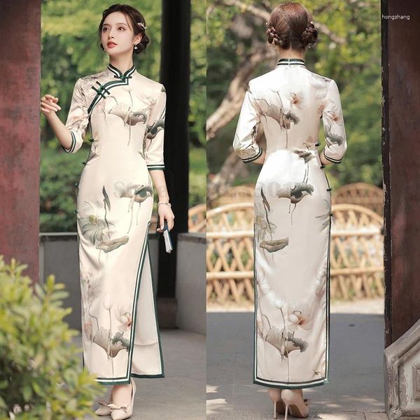 Roupas étnicas Mulheres Sexy Alta Fenda Cheongsam Slim Fit Cetim Longo Vestido Chinês Tradicional Mandarim Collar Qipao Temperamento Festa