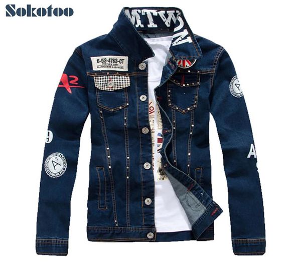 Sokotoo Men039s fino Inglês bandeira patch design rebite jaqueta jeans Casual azul escuro lavado casaco jeans Outerwear SH1909061123342