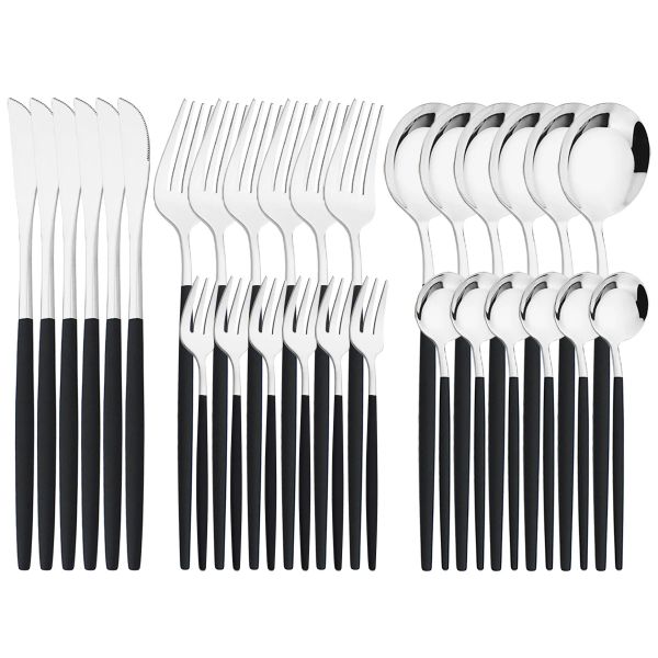 Set 30 pezzi Set di posate in argento nero Coltello Forchette da frutta Forchetta per torta Cucchiaio da tè Stoviglie Set da tavola in acciaio inossidabile Attrezzo da cucina per feste