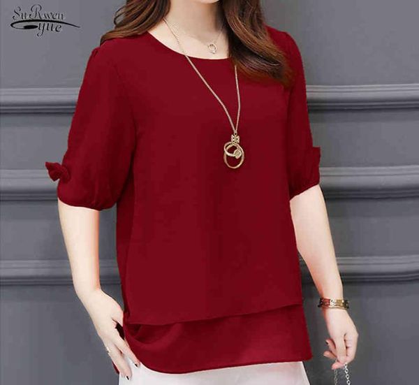 Kore tarzı yaz kısa kollu bluz kadınlar rahat artı boyutu l5xl şifon gömlekleri kırmızı ve üstler için 3726 50 2105089049687