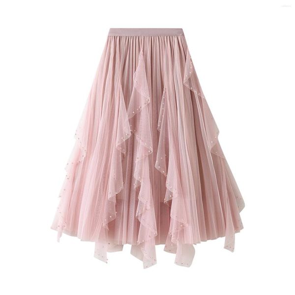 Saias femininas elegantes contas tule tutu midi saia 2024 moda cor sólida elástico faixa plissado guarnição em camadas flowy a-line