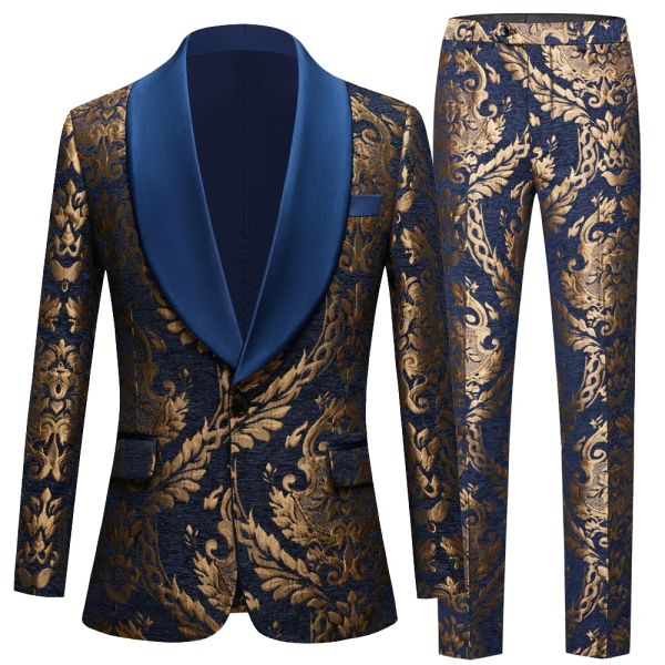 Abiti da uomo Abiti con motivo oro e blu navy Smoking dello sposo Scialle in raso Bavero Testimoni dello sposo Matrimonio Testimone 2 pezzi (giacca + pantaloni)