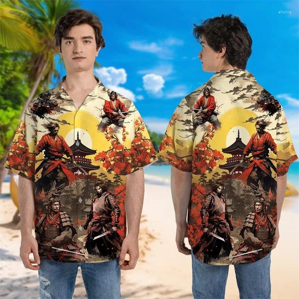 Camisas casuais masculinas Samurai Warrior 3D Imprimir para roupas masculinas Japão Cherry Blossoms Graphic Beach Camisa Harajuku Moda Geral Manga Curta