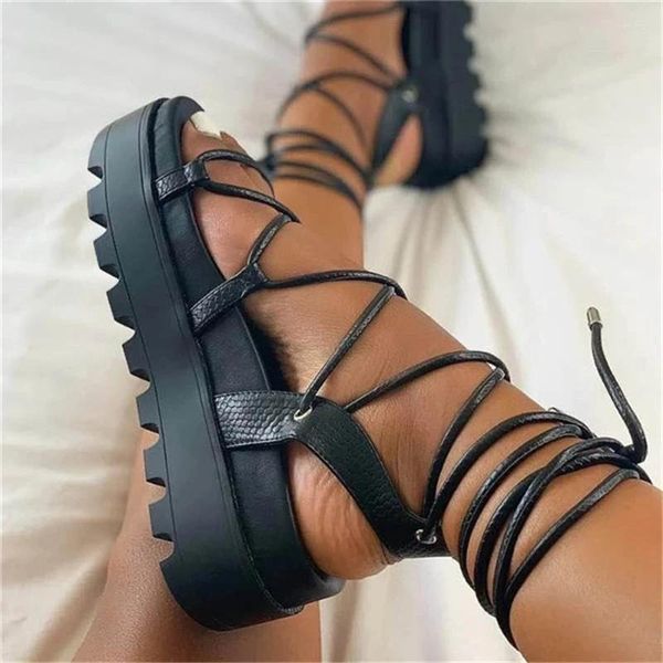 Sandali Pantofole da gladiatore da donna Piattaforma da donna con zeppa incrociata Scarpa casual Estate Sexy Lady Avvolgimento alla caviglia Con lacci piatti