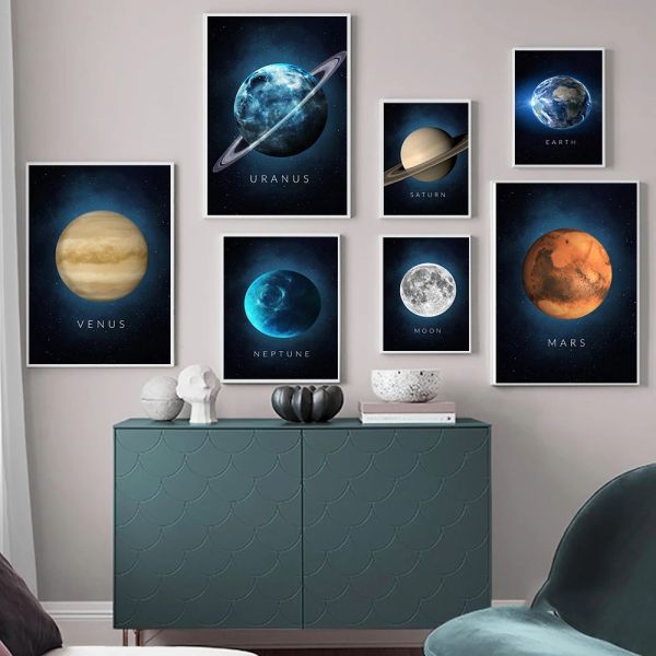 Kontrol Güneş Venüs Satürn Mars Earth Pluto Gezegen Duvar Sanat Tuval Resim İskandinav Poster ve Baskı Oturma Odası Dekor için Duvar Resimleri