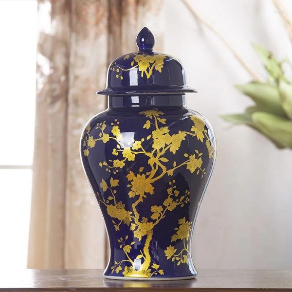 Garrafas estilo europeu vaso de cerâmica decoração sala estar porcelana gengibre jar el cor azul com padrão flor templo