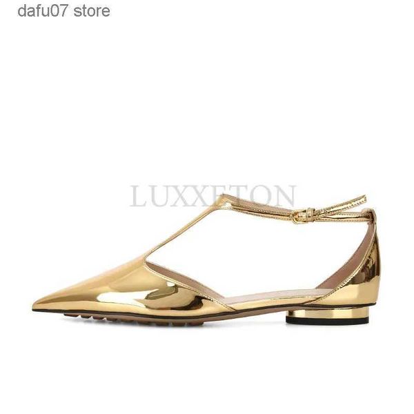 Sandálias de ouro t-amarrado couro genuíno plana único sapatos branco apontou toe elegante mary janes sapatos de bruxa confortáveis para trabalhadores de escritórioh2431
