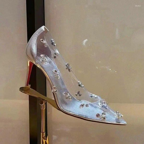 Sapatos de vestido 2024 PVC transparente pontudo sexy mulheres stiletto saltos casamento prata rhindiamonds cristal fada bombas de vento