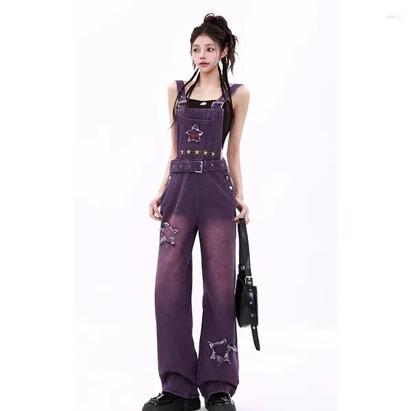 Calças de brim femininas das mulheres roxo vintage suspender baggy bolso calças retas streetwear casual perna larga denim calças senhoras primavera