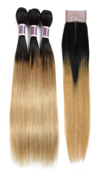 T1B27 Mel Loira Ombre Cabelo Humano Pacotes com Fechamento Em Linha Reta Pré Colorido Cabelo Virgem Brasileiro Tecer 3 Pacotes com 4x4 Lace1019188