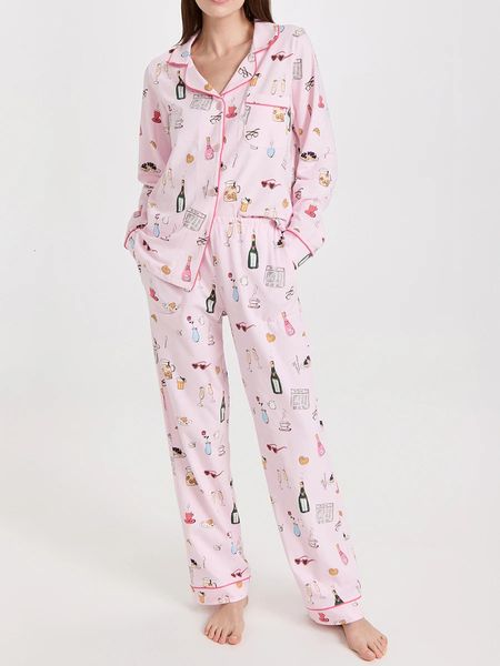 Set pigiama moda primaverile y2k stampa cartoon manica lunga risvolto bottoni top con pantaloni elastici in vita donna 2 pezzi indumenti da notte 240301