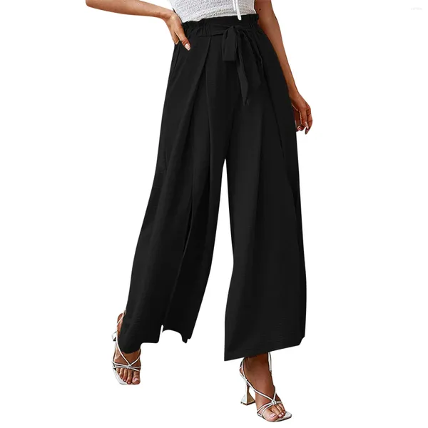 Calças femininas cintura alta longa para roupas femininas 2024 verão casual cor pura preto perna larga calças moda coreano comprimento calça