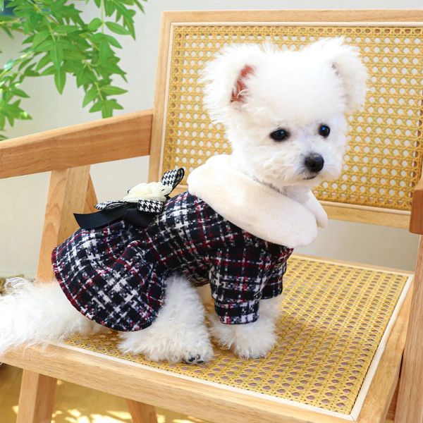 Kleider Kleine Hundekleidung Winter Herbst Mode Karierter Rock Haustier Süßes Desinger Kleid Welpengeschirr Katze Warmer Pullover Yorkshire Chihuahua