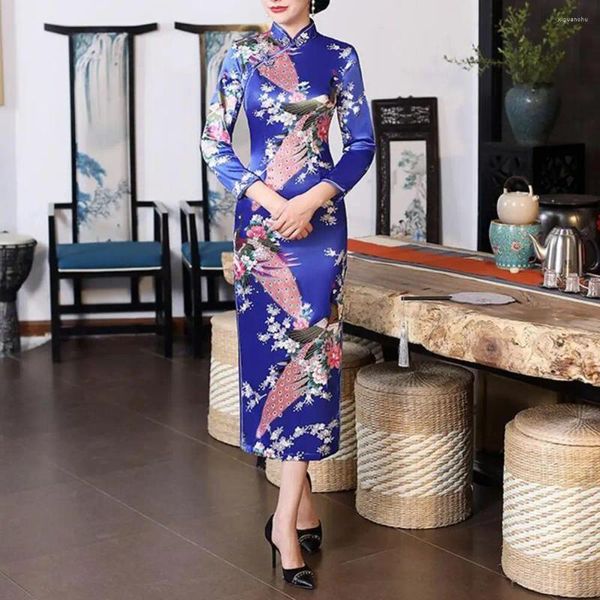 Roupas étnicas Mulheres Retro Cheongsam Vestido Chinês Estilo Nacional Floral Impressão Stand Collar Cetim Sedoso Slim Fit Qipao para Mulheres