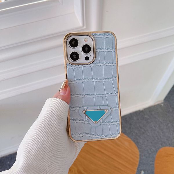 Custodia per telefono di design per iPhone 15 Pro Max per Apple 14 13 12 11 XS XR 8 7 Plus 2 in 1 Pelle PU di lusso modello coccodrillo Cover posteriore con paraurti dorato cromato Coque Fundas Azzurro