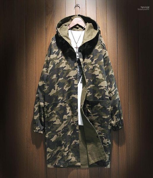 Trench reversibile mimetico verde militare per uomo Inverno Fodera in cotone spesso Cappotto da uomo Cappotto lungo oversize con cappuccio Uomo037327031