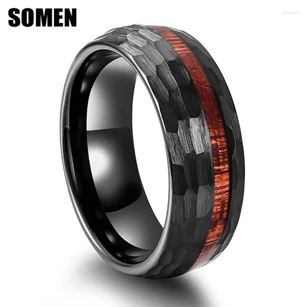 Alyanslar Somen 8mm Siyah Tungsten Karbür Erkekler Ahşap Külbes Growed Hammered Nişan Band Moda Mücevher Bague Homme