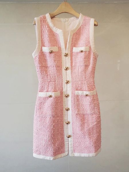 French Small Fragrance Süßes Mädchen-Rosa-Tweed-Kleid für Damen, ärmellos, V-Ausschnitt, vier Taschen, Reißverschluss, goldene Knöpfe, Tank, Vestidos 240226