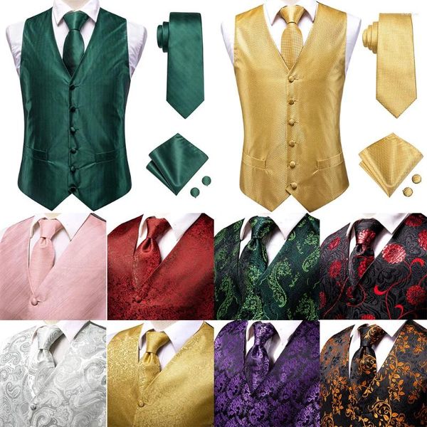 Coletes masculinos presente seda mens gravata conjunto jacquard verde ouro vermelho rosa preto roxo colete gravata lenço abotoaduras negócios de casamento hi-tie