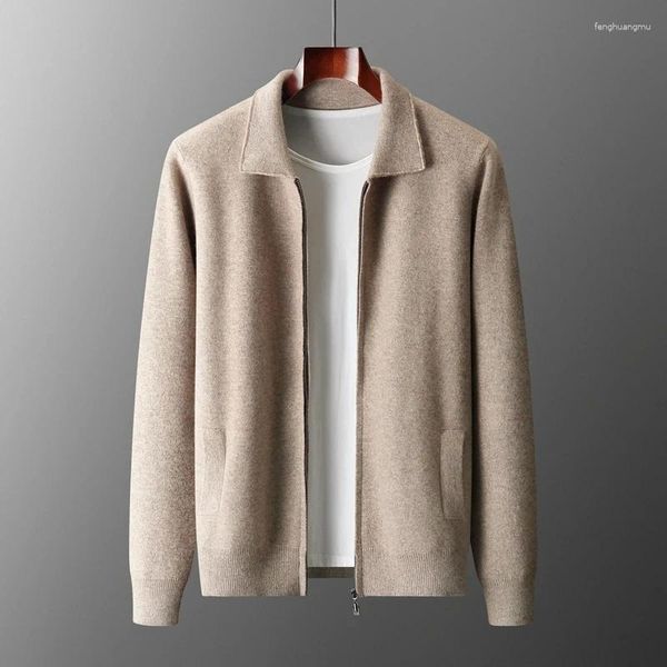 Suéter masculino cardigan lã merino malha com zíper jaqueta 2024 outono e inverno engrossado manga comprida camisola lapela camisa
