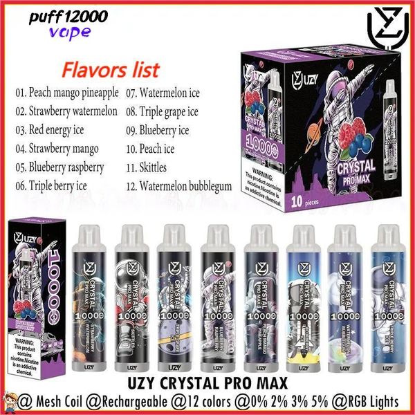 Uzy Crystal Pro Max 10000 Puffs Disponível Vape Puff 10k Mesh Mesh Bobina Recarregável E Cigarros 0% 2% 3% 5%