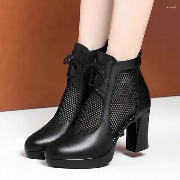 Sandálias de salto alto botas frescas sapatos mulheres verão malha moda lace up pointeed toe bombas 2024 chunky feminino zapatos