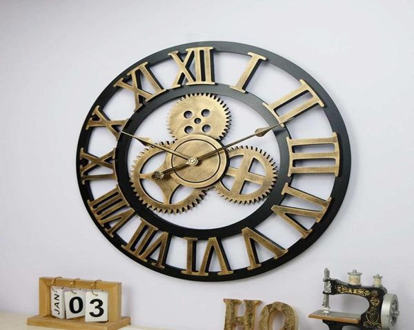 60cm 3d retro industrial grande engrenagem relógio de parede rústico de madeira luxo arte do vintage casa escritório decoração suprimentos clocks1871263