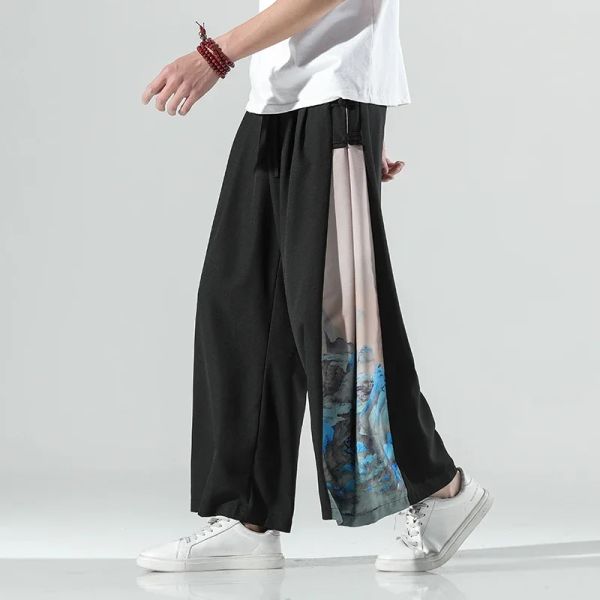 Hosen 2023 Sommer Männer Japan Samurai und Thai Breite Bein Lce Seide Hosen Chinesischen Städtischen Streetwear Lose Lange Böden Hosen